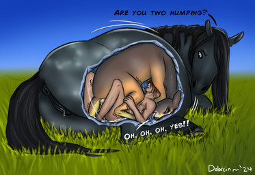 animal_genitalia animal_vulva anus belly bestiality big_belly black_hair bodily_fluids dialogue equine_anus equine_genitalia equine_vulva erection female female_feral female_penetrated feral feral_penetrated genital_fluids genitals grass grey_body hair hooves horse_tail human_on_feral human_penetrating human_penetrating_feral humanoid_genitalia humanoid_penis in_utero_penetration interspecies lying lying_on_ground male male/female male_on_feral male_penetrating male_penetrating_female male_penetrating_feral on_ground on_side penetration penile penile_penetration penis plant puffy_anus sex sex_inside_body sex_inside_stomach sex_inside_uterus sky tail text unbirthing vaginal vaginal_fluids vaginal_penetration vore vulva dolorcin deer equid equine horse human mammal english_text
