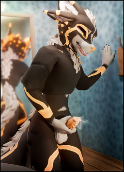 animal_genitalia animal_penis anthro balls bathrobe black_body black_fur bodily_fluids canine_genitalia canine_penis chest_tuft clothing cum cum_drip cum_on_hand cum_on_penis dripping ejaculation erection fur genital_fluids genitals glowing glowing_markings grey_body grey_fur handjob inner_ear_fluff looking_pleasured male markings masturbation mirror open_mouth orgasm penile penile_masturbation penis rear_view robe sex shirt smile solo t-shirt tail topwear tuft yellow_markings lill_esp abiboi_(modeler) wharf_(character) deuzear 3d_(artwork) absurd_res blender_(artwork) digital_media_(artwork) hi_res