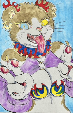 alternative_fashion anthro big_breasts blue_eyes breasts brown_body brown_fur claws cleavage clothed clothing collar ear_piercing ear_ring facial_piercing fangs female fingers fur gesture hand_gesture heterochromia horn long_tongue looking_at_viewer multicolored_body nose_piercing nose_ring open_mouth pasties pawpads paws piercing pink_nose pupils ring_piercing septum_piercing sharp_teeth simple_background slit_pupils smile solo spiked_collar spikes teeth tongue tongue_out tongue_piercing topwear underwear v_sign whiskers white_body white_fur yellow_eyes kyokyota domestic_cat felid feline felis mammal scottish_fold 2021 hi_res painting_(artwork) portrait traditional_media_(artwork) watercolor_(artwork)