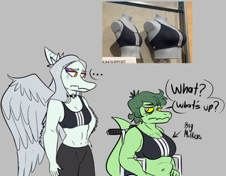 amber_eyes anthro belly big_breasts bra breast_envy breast_size_difference breasts choker claws cleavage clothed clothing crop_top dialogue disability duo elbow_feathers ellipsis eyelashes eyeliner feathered_wings feathers female fingers freckled_breasts freckles green_body green_hair green_scales grey_background grey_body grey_eyes grey_hair grey_scales hair jewelry leggings legwear long_hair long_tail makeup midriff navel necklace paraplegic scales shirt short_hair simple_background sitting slightly_chubby snout sports_bra tail text topwear underwear vehicle wheelchair wings yellow_sclera stuupeezart cavemanon_studios goodbye_volcano_high i_wani_hug_that_gator ko_op_(game_developer) snoot_game sports_bra_difference_meme fang_(gvh) olivia_halford baryonyx dinosaur prehistoric_species pterosaur reptile saurischian scalie spinosaurid theropod 2023 digital_drawing_(artwork) digital_media_(artwork) english_text