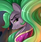 bodysuit clothed clothing female fur green_eyes green_hair hair multicolored_eyes purple_body purple_fur red_eyes skinsuit smile solo tight_clothing skyart301 friendship_is_magic hasbro my_little_pony mane-iac_(mlp) power_ponies_(mlp) earth_pony equid equine horse mammal pony 2014 bust_portrait hi_res portrait