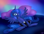 blue_body blue_feathers blue_hair bottomwear clothing collar cosmic_hair cushion ethereal_hair feathered_wings feathers female feral hair horn legwear long_hair looking_at_viewer lying on_back quadruped skirt smile solo starry_hair stockings tail wings sorc friendship_is_magic hasbro my_little_pony mythology princess_luna_(mlp) equid equine mammal mythological_creature mythological_equine winged_unicorn