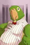 anthro black_eyes bow_tie clothed clothing dress_shirt feathers green_body green_feathers looking_at_viewer male shirt sleeveless solo topwear 9x9 avian bird parrot 2:3 hi_res