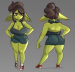 big_breasts big_ears breasts brown_hair butt cleavage clothed clothed_female clothed_humanoid clothing eye_through_hair female female_humanoid fingers footwear front_and_back front_view green_body green_ears green_face green_skin grey_background hair hands_on_hips humanoid_pointy_ears mouth_closed multiple_poses narrowed_eyes not_furry overalls pointy_ears pose rear_view red_clothing red_footwear red_shoes shoes short_stack simple_background smile solo tied_hair translucent translucent_hair rekkadraws goblin humanoid 2024 digital_drawing_(artwork) digital_media_(artwork) full-length_portrait portrait