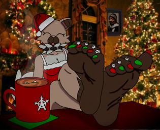 5_toes anthro barefoot beverage breasts brown_body brown_fur candy cheek_tuft chocolate christmas_clothing christmas_headwear closed_smile clothed clothed_anthro clothed_female clothing colored_nails container crossed_ankles cup dessert eyes_closed facial_tuft feet female floppy_ears folded_ears food foot_focus fur fur_tuft green_nails green_toenails hat headgear headwear holidays hot_chocolate humanoid_feet marshmallow mouth_closed mug multicolored_body multicolored_fur nails pink_nose plantigrade red_clothing red_nails red_toenails santa_hat smile soles solo tail toenails toes tongue tongue_out tuft white_body white_fur white_tail raidenthedeoxys christmas nintendo pokemon snoop_dogg_(character) generation_7_pokemon pokemon_(species) rockruff