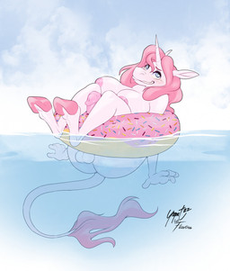 1_horn animal_genitalia animal_penis anthro areola balls big_breasts blue_eyes bodily_fluids breasts equine_genitalia equine_penis eyebrows eyelashes genitals gynomorph gynomorph_anthro hair hooves horn inflatable inner_tube intersex intersex_anthro looking_at_viewer nervous nipple_dip nipples nude nude_anthro nude_gynomorph penis pink_areola pink_hair pink_hooves pink_nipples pink_penis pool_float pool_ring public smile solo stuck sweat tail unguligrade water yogoat mythology rosie_(roselynn_meadow) equid equine mammal mythological_creature mythological_equine unicorn hi_res