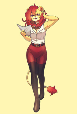 anthro belt belt_buckle boots bottomwear breasts buckle chain cleavage clothed clothing eyebrows eyelashes female footwear fur gold_(metal) gold_chain hair high_heeled_boots high_heels legwear mane pants paper pink_eyes red_clothing red_hair shirt shoes simple_background smile solo tail thigh_boots thigh_highs topwear fiuefey alzina felid feline lion mammal pantherine digital_media_(artwork) hi_res nonbinary_(lore)