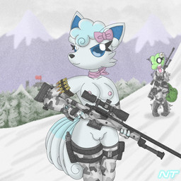 accessory anthro anthrofied arm_warmers armwear blue_eyes bottomless bow_ribbon breasts bullet camo camo_clothing camo_print clock clothed clothing cold eyelashes female genitals gun hair hair_accessory hair_bow hair_ribbon head_tuft holding_gun holding_object holding_ranged_weapon holding_weapon holster legwear mostly_nude mountain multi_tail outside partially_clothed pattern_clothing plant pokemorph ranged_weapon ribbons rifle scarf shaking shivering sniper sniper_rifle snow snowing solo stockings tail topless tree tuft vulva watch weapon white_body winter winter_clothing ninjatreecko nintendo pokemon aurora_ledekova background_character fan_character fern_shinamori alolan_form alolan_vulpix canid generation_3_pokemon generation_7_pokemon mammal pokemon_(species) regional_form_(pokemon) treecko 1:1 hi_res