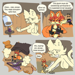 accessory anthro attack black_body black_clothing black_fur black_nose black_shirt black_tank_top black_topwear breasts cat_tail clothing coin_bag cork covering covering_crotch crossgender dialogue dipstick_tail drinking_potion duo eep eyebrows eyelashes female fox_tail fur green_hair_tie grey_eyes grey_nose grin hair hair_accessory hair_tie jumping male markings micro motion_lines multicolored_body multicolored_fur nude onomatopoeia orange_body orange_eyes orange_fur orange_tail panties potion potion_bottle purple_clothing purple_panties purple_underwear reaching red_eyebrows red_hair shirt shrinking shrinking_potion size_transformation smile sound_effects speech_bubble swatting tail tail_markings talking_to_another tan_body tan_fur tan_tail_tip tank_top text topwear transformation two_tone_body two_tone_fur underwear white_body white_hair white_tail young young_anthro young_female bisonvega fox_girl_(bisonvega) canid canine domestic_cat felid feline felis fox ghost mammal spirit 1:1 2025 comic english_text hi_res