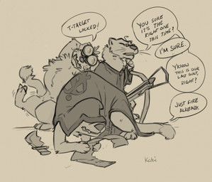 assassin binoculars cloak clothing crossbow dagger dialogue eyewear feral glasses group male melee_weapon ranged_weapon text weapon whiskers katai mammal mustelid musteline true_musteline weasel 2019 english_text monochrome sketch