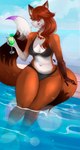 2_tails anthro beverage bikini black_bikini black_clothing black_swimwear brown_body brown_fur brown_hair clothing dipstick_tail fangs female flower flower_necklace fur glass green_drink green_eyes hair legs_in_water long_ears long_hair markings multi_tail nails plant pool poolside purple_nose purple_tail_tip solo summer swimwear tail tail_markings teeth two-piece_swimsuit white_body white_fur kurobattohell skylar_vixen canid canine fox mammal hi_res