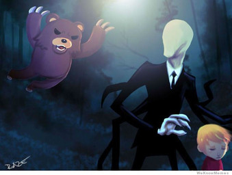 ambiguous_gender back_tentacles black_eyes blonde_hair brown_body brown_fur claws clothed clothing detailed_background faceless forest fully_clothed fur group hair humor light male moonlight necktie night outside plant suit tentacles tree wood young unknown_artist creepypasta pedobear slenderman bear human mammal meme source_request