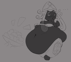 bandeau belly belly_overhang big_belly blush breasts clothing curly_hair deep_navel disembodied_hand duo ellipsis feederism female food grey_background hair hand_on_belly hand_on_own_belly hat headgear headwear holding_food holding_object huge_belly long_hair looking_at_food looking_at_object medium_breasts mouthless muffin_top navel no_sclera obese obese_female obese_humanoid offering_food one_eye_closed overweight overweight_female overweight_humanoid pokemorph reluctant simple_background solo_focus thinking topwear main_man_gunch nintendo pokemon generation_7_pokemon humanoid legendary_pokemon pokemon_(species) tapu_lele 2024 absurd_res digital_media_(artwork) greyscale hi_res monochrome