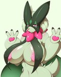 anthro areola big_breasts blush breasts female fur green_body green_fur huge_breasts looking_at_viewer nipples pink_areola pink_eyes pink_nipples solo kemojin nintendo pokemon felid feline generation_9_pokemon mammal meowscarada pokemon_(species) 2022 4:5 hi_res