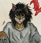 alternate_species alternative_fashion anthro black_hair brown_body brown_fur claws clothed clothing emo front_view frown fur furrification grey_background hair looking_at_viewer male purple_eyes sad scene_haircut simple_background solo unknown_artist death_note l_(death_note) canid canine canis mammal wolf half-length_portrait portrait