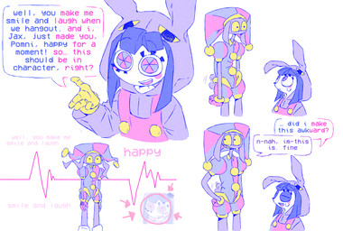 alternate_costume anthro black_eyebrows black_hair blush blush_stickers bodily_fluids clenched_teeth clothing clothing_swap costume duo ears_down eyebrows eyelashes female fool's_hat fur gloves grin gun hair handgun handwear hat headgear headwear jester jester_outfit long_ears male overalls pistol pivoted_ears purple_body purple_ears purple_fur ranged_weapon short_hair simple_background smile speech_bubble sweat sweatdrop tail tail_motion tailwag teeth text weapon white_background white_body white_skin wide_eyed yellow_clothing yellow_gloves yellow_handwear yellow_sclera yellow_teeth chergeegee glitch_productions the_amazing_digital_circus jax_(tadc) pomni_(tadc) humanoid lagomorph leporid mammal rabbit english_text hi_res
