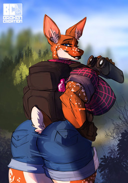anthro backpack big_breasts big_butt binoculars biped bottomwear breasts butt clothing female huge_breasts muscular muscular_anthro muscular_female outside shorts solo thick_thighs djpuppeh dana_(arkleseizure) deer mammal hi_res