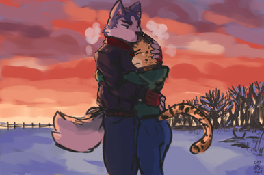 anthro black_body black_clothing black_fur black_jacket black_spots black_topwear blue_bottomwear blue_clothing blue_pants bodily_fluids bottomwear clothing crying duo eyes_closed fingerless_gloves fluffy fluffy_tail fur gloves green_clothing green_jacket green_topwear grey_body grey_fur half-closed_eyes handwear hug jacket looking_at_another looking_down male markings narrowed_eyes pants pink_inner_ear red_clothing red_gloves red_handwear red_scarf scarf spots spotted_body spotted_fur sunset tail tears topwear white_body white_fur yellow_body yellow_fur catnapstar cheetah felid feline mammal