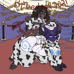 all_fours animal_noises animal_print animal_print_thigh_highs anthro anthro_on_anthro anthro_penetrated anthro_penetrating anthro_penetrating_anthro areola big_breasts big_butt black_body blue_areola blue_eyes blue_markings blue_nipples blue_sclera bodily_fluids bottomless bottomless_anthro bottomless_male breasts breeding_kink breeding_request brown_hair butt clothed clothing cloven_hooves competition cow_print cow_print_armwear cow_print_panties cow_print_thigh_highs cow_print_topwear dialogue dirty_talk doggystyle duo ear_piercing ear_tag exposed_breasts fake_horns female female_anthro female_penetrated floppy_ears from_behind_position fur fur_markings genital_fluids green_eyes hair hair_grab hooves horn horn_grab impregnation_request interspecies legwear looking_pleasured lop_ears male male/female male_anthro male_penetrating male_penetrating_female markings mask mooing motion_lines nipples onomatopoeia pattern_clothing pattern_legwear pattern_thigh_highs penetration piercing plap pulling_hair scut_tail sex short_tail smack_(sound_effect) small_waist sound_effects tail talking_to_another talking_to_partner text thick_thighs thigh_highs thrusting tongue tongue_out touching_hair twitter_handle unguligrade vaginal_fluids wearing_mask white_body white_fur white_hair wide_hips crybabytomix league_of_legends riot_games tencent bull_(giegues) kindred_(lol) lamb_(lol) bovid bovine caprine cattle mammal 1:1 2021 absurd_res artist_name colored digital_drawing_(artwork) digital_media_(artwork) english_text hi_res