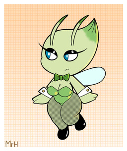 antennae_(anatomy) anthro big_breasts blue_eyes border breasts bunny_costume clothed clothing costume female fishnet_clothing fishnet_legwear legwear leotard shortstack solo text thick_thighs white_border mr_harinezumi nintendo pokemon celebi generation_2_pokemon humanoid legendary_pokemon pokemon_(species) absurd_res english_text hi_res