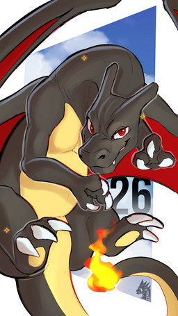 3_fingers 3_toes abstract_background ambiguous_gender back_wings black_body blocky_snout claws confident countershade_torso countershading feet feral finger_claws fingers fire flaming_tail looking_at_viewer membrane_(anatomy) membranous_wings open_mouth outline red_eyes sharp_teeth smile snout solo tail tapering_tail teeth toe_claws toes white_claws white_outline wings yellow_body yellow_countershading zyria nintendo pokemon charizard generation_1_pokemon pokemon_(species) shiny_pokemon hi_res