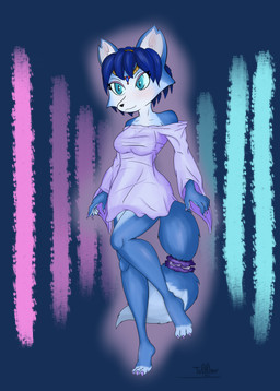 3_toes 5_fingers abstract_background anthro bare_hands bare_legs barefoot bent_legs blue_body blue_eyes blue_fur blue_hair clothing colored_nails creases exposed_shoulder feet female fingers fur hair jewelry nails on_one_leg oversized_clothing pupils robe robe_only scrunchie sharp_nails short_hair simple_background sleeves sleeves_past_wrists slit_pupils solo standing toes transparent_background te0l0ser nintendo star_fox krystal_(star_fox) canid canine fox mammal absurd_res alpha_channel hi_res shaded