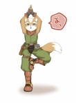 anthro belt black_nose boots brown_body brown_fur canid canine clothing dipstick_tail fingerless_gloves footwear fox fox_mccloud fur gloves green_eyes handwear japanese_text male mammal markings multicolored_tail nintendo open_mouth pose scarf simple_background solo star_fox tail tail_markings text white_body white_fur white_tail_tip みや