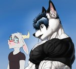 anthro arm_tuft big_deltoids big_ears big_eyes big_muscles big_pecs black_body black_clothing black_ears black_eyebrows black_fur black_markings black_nose black_shirt black_t-shirt black_topwear blue_background blue_eyes blue_hair blush brown_eyebrows cheek_tuft chest_tuft chin_tuft closed_frown clothed clothed_anthro clothed_male clothing deltoids dipstick_ears duo ear_markings ear_tuft ears_down eyebrows facial_markings facial_tuft flexing fur hair head_markings head_tuft horn huge_deltoids huge_muscles huge_pecs light looking_at_chest looking_down male markings multicolored_ears muscle_size_difference muscular muscular_arms open_mouth open_smile pecs pink_nose pivoted_ears pupils raised_eyebrows shirt shoulder_tuft side_view simple_background smile square_pupils t-shirt tight_clothing topwear tuft two_tone_ears vein white_body white_ears white_fur white_head white_horn bristol djdarkfox girl_staring_at_man's_chest chiko_(bristol) dj_(djdarkfox) bovid canid canine caprine fox goat mammal 2021 collaboration colored digital_drawing_(artwork) digital_media_(artwork) half-length_portrait hi_res meme portrait shaded