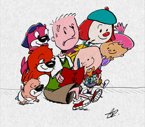 anthro beret black_nose blue_beret bottomwear clothing dot_eyes female feral footwear freckled_face freckles fur group hair hat headgear headwear light_body light_skin magenta_fur male pink_hair purple_clothing purple_hair purple_sweater purple_topwear red_body red_clothing red_footwear red_fur red_nose red_shirt red_shoes red_sneakers red_t-shirt red_topwear shirt shoes shorts simple_eyes sneakers sweater t-shirt tan_body tan_bottomwear tan_clothing tan_shorts tan_skin topwear white_body white_clothing white_shirt white_skin white_snout white_t-shirt white_topwear yellow_clothing yellow_shirt yellow_topwear grandech disney doug_(series) jojo's_circus nickelodeon pb_and_j_otter pinky_dinky_doo stanley_(series) butter_otter dennis_(stanley) doug_funnie jelly_otter jojo_(jojo's_circus) peanut_otter pinky_dinky_doo_(character) stanley_griff aquatic cyprinid cypriniform fish goldfish human mammal mustelid otter absurd_res crossover hi_res