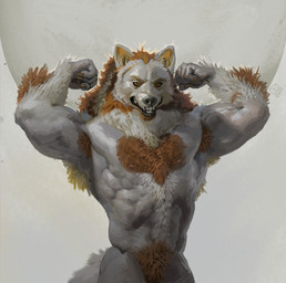 anthro brown_body brown_eyes brown_fur claws finger_claws flexing flexing_bicep flexing_both_biceps fur grey_background grey_body grey_fur looking_at_viewer male muscular muscular_male nude ruff simple_background solo teeth white_body white_fur jerome_jacinto canid canine canis mammal wolf 2024 digital_media_(artwork) digital_painting_(artwork) half-length_portrait hi_res painting_(artwork) portrait signature