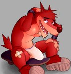 anthro bulge clothing eyebrows footwear fur looking_at_viewer male red_body red_eyes red_fur shoes simple_background sitting skateboard solo underwear vehicle fleshformomo atlus go!_go!_hypergrind sega decker canid canine canis mammal wolf 2022 absurd_res hi_res