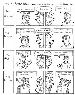aids anthro bisexual commentary comparison dialogue eye_contact facepalm female group hiv jewelry looking_at_another male male/female male/male necklace open_mouth text the_truth sean_o'hare life_in_furry_hell canid canine fox mammal black_and_white comic english_text monochrome