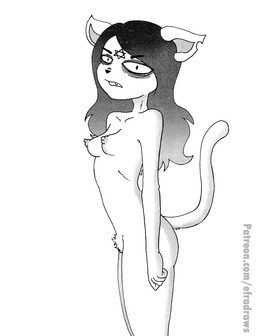 anthro areola butt fangs female hair long_hair looking_at_viewer looking_back looking_back_at_viewer nipples notched_ear nude occult_symbol pentagram puffy_areola puffy_nipples side_view simple_background slim solo symbol teeth efradraws cartoon_hangover the_summoning claire_(the_summoning) domestic_cat felid feline felis mammal absurd_res graphite_(artwork) hi_res monochrome sketch traditional_media_(artwork)