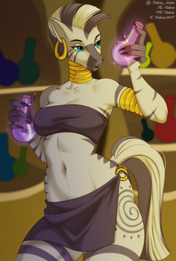 anthro anthrofied bare_shoulders black_nails blue_eyes bottomwear bracelet breasts clothing colored_nails crop_top female gold_(metal) gold_bracelet gold_jewelry gold_necklace grey_body holding_object inside jewelry markings medium_breasts mohawk nails navel necklace shirt skirt solo standing striped_markings stripes tail topwear valeris friendship_is_magic hasbro my_little_pony zecora_(mlp) equid mammal 2025 colored colored_sketch digital_drawing_(artwork) digital_media_(artwork) hi_res shaded sketch