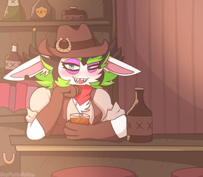 alcohol_bottle anthro arms_bent bar bar_counter beverage black_hair bottle brown_clothing brown_gloves brown_handwear brown_hat brown_headwear brown_topwear brown_vest button_(fastener) chest_tuft clothed clothed_anthro clothed_female clothing container cork counter cowboy cowboy_hat cup ear_tuft ears_down eyebrows eyelashes female female_anthro furniture gloves green_eyebrows green_hair hair handwear hat headgear headwear holding_container holding_cup holding_object horseshoe inside kerchief leaning_on_counter light long_ears looking_at_viewer multicolored_hair narrowed_eyes neckerchief neckwear noseless notched_ear open_mouth open_smile pink_inner_ear pivoted_ears purple_eyelids red_kerchief red_neckerchief short_hair smile smiling_at_viewer solo spiky_hair squint stool tan_dress_shirt text thick_eyebrows topwear tuft two_tone_hair vest gaypastabake mario_plus_rabbids_sparks_of_hope nintendo raving_rabbids rayman_(series) ubisoft edge_(mario_plus_rabbids) lagomorph mammal rabbid 2024 artist_name colored digital_drawing_(artwork) digital_media_(artwork) english_description hi_res lighting shaded