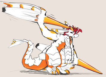 anthro belly claws hair long_ears male narrowed_eyes orange_belly orange_claws red_hair simple_background slumped solo standing tail thick_tail white_body white_tail white_wings wings raster_dreams mythology dragon mythological_creature mythological_scalie scalie 2026 digital_drawing_(artwork) digital_media_(artwork) hi_res