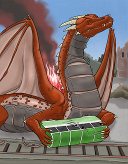 abdominal_bulge ambiguous_feral ambiguous_gender ambiguous_human ambiguous_pred ambiguous_prey bone_frill broken_window claw_marks claws clothed clothing detailed_background dewclaw extreme_size_difference eyes_closed feral feral_pred finger_claws fire frill_(anatomy) fully_inside group holding_object human_prey larger_pred long_neck macro mass_vore membrane_(anatomy) membranous_wings motion_outline multiple_prey neck_bulge object_vore oral_vore outside quadruped red_body red_scales scales short_story size_difference smaller_human smoke spread_plates swallowing train vehicle vehicle_ingestion vore wing_claws wings strega european_mythology mythology dragon human mammal mythological_creature mythological_scalie scalie western_dragon 2015 digital_media_(artwork) hi_res story story_in_description
