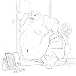 anthro barefoot belly big_belly bladeless_fan bodily_fluids bottomwear clothed clothing door doorway electric_fan fat_rolls feet hand_on_hip heat_(temperature) huge_belly inside leaning leaning_on_wall light_switch male moobs morbidly_obese morbidly_obese_anthro morbidly_obese_male obese obese_anthro obese_male overweight overweight_anthro overweight_male pants partially_clothed shorts solo standing sweat topless torn_bottomwear torn_clothing torn_pants cettus kurtis_ziegler canid canine canis mammal wolf 2021 hi_res sketch