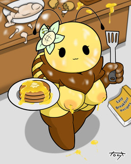 4_fingers :3 antennae_(anatomy) anthro areola arthropod_abdomen bald barely_visible_genitalia barely_visible_vulva big_breasts blush bodily_fluids book book_on_ground breasts butter chibi dairy_products dot_eyes dough dripping_honey egg elbow_glove_marking eyelashes female female_anthro fingers flour flour_on_breasts flour_on_face flour_on_hand flour_on_neck_tuft flower_accessory flower_on_head food genitals giving_food high-angle_view holding_food holding_object holding_spatula holding_tool honey_(food) inverted_nipples kitchen kitchen_counter lactating lactating_honey looking_at_viewer mature_anthro mature_female neck_tuft nipples nub_feet nude nude_anthro nude_female pancake pose round_head shortstack simple_eyes slightly_chubby solo spatula text thick_thighs thigh_high_marking tools tuft unusual_bodily_fluids unusual_lactation vulva tonytoran bee_(tonytoran) arthropod bee bumble_bee_(species) hymenopteran insect 2023 absurd_res artist_name colored digital_drawing_(artwork) digital_media_(artwork) english_text full-length_portrait hi_res portrait shaded signature