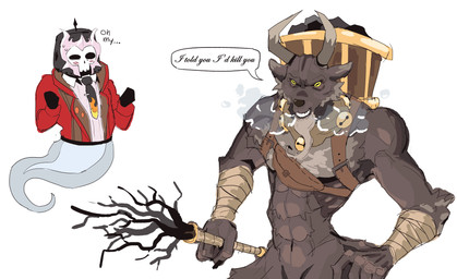 abs anthro dialogue duo holidays horizontal_pupils horn male muscular muscular_anthro muscular_male pupils simple_background text white_background demokuma christmas team_fortress_2 valve valve_corporation krampus krampus_(team_fortress_2) pyro_(team_fortress_2) bovid caprine caprine_demon demon ghost goat_demon humanoid mammal spirit absurd_res english_text hi_res
