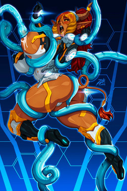 abstract_background accessory big_breasts blush bodily_fluids boots breasts butt clothing dark_body dark_skin drill_curls drooling female footwear furgonomics gloves hair handwear horn humanoid_pointy_ears lactating long_hair multicolored_hair open_mouth pointy_ears red_hair restrained saliva shoes solo tail tail_accessory tail_ornament tentacles torn_clothing two_tone_hair yellow_eyes darkereve corruption_of_champions excellia_(coc) animal_humanoid bovid bovid_humanoid bovine bovine_humanoid cattle_humanoid humanoid mammal mammal_humanoid hi_res source_request