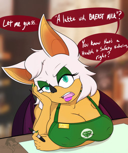annoyed anthro apron apron_only bat_wings big_breasts blue_eyes breasts cleavage clothed clothing colored_nails dialogue eyeshadow fangs female fur hand_on_face head_tuft lipstick makeup marker membrane_(anatomy) membranous_wings mostly_nude nails nipple_outline orange_body solo speech_bubble teeth text tuft white_body white_fur wings conditional_dnp grinn3r i_mean_breast_milk sega sonic_the_hedgehog_(series) starbucks rouge_the_bat bat mammal 2021 english_text hi_res meme