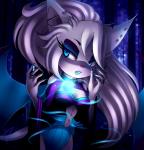 anthro bat_wings blue_eyes claws ear_piercing female fur glowing hair lipstick long_hair looking_at_viewer magic makeup membrane_(anatomy) membranous_wings piercing pink_nose solo white_body white_fur white_hair wings panrill amaris-tollkirsche bat mammal absurd_res hi_res