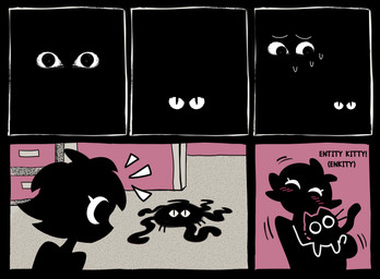 ambiguous_gender blush bodily_fluids darkness duo female feral looking_at_another looking_at_viewer sweat tentacles text ana_pijamas enkitty_(ana_pijamas) entity_(ana_pijamas) domestic_cat felid feline felis humanoid mammal shadow_creature absurd_res comic english_text hi_res
