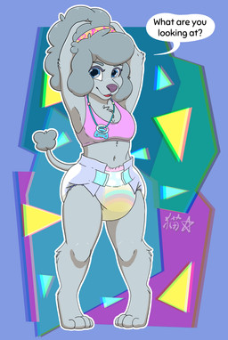 1990s_theme abstract_background accessory anthro bodily_fluids braces camisole chest_tuft clothing diaper female genital_fluids hair hair_accessory hairband looking_at_viewer pacifier rainbow_pattern_underwear smile solo speech_bubble standing text touching_hair tuft unclean_diaper urine used_diaper wet_diaper stargal_galexi chloe_couture canid canine canis domestic_dog mammal poodle english_text full-length_portrait hi_res portrait