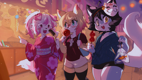 5_fingers anthro black_hair blonde_hair blue_eyes blush bottomwear breasts bulge clothed clothing eye_contact eyewear female festival fingers fluffy fluffy_tail food fully_clothed fur glasses group hair hotpants kemono lamp lantern looking_at_another looking_at_viewer multicolored_body multicolored_fur open_mouth open_smile paper_lantern pink_body pink_eyes pink_fur pink_hair shirt shorts smile snout tail thick_thighs topwear two_tone_body two_tone_fur walking white_body white_fur wide_hips yellow_body yellow_eyes yellow_fur sanjiro aska_(anakoluth) taeonyx canid canine canis domestic_dog fox mammal 2021 character_request digital_media_(artwork) hi_res shaded