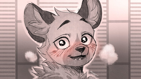 anthro blush clothing daww ears_up fangs fur jacket looking_at_viewer male simple_background solo teeth topwear misayumeow aggretsuko sanrio haida_(aggretsuko) hyena mammal spotted_hyena headshot_portrait portrait
