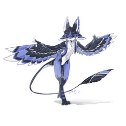 3_fingers 3_toes 4_ears ambiguous_gender anthro black_body black_feathers black_sclera blue_body blue_claws blue_feathers blue_tongue claws ear_piercing feathered_tail feathered_wings feathers feet fingers multi_ear navel open_mouth piercing purple_eyes simple_background solo spread_wings tail toes tongue white_body white_feathers wings xiaoerya avali 1:1 signature