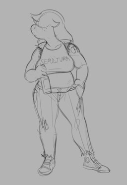 alcohol anthro band_shirt beer belly beverage big_breasts biped bottomwear breasts clothed clothing denim denim_bottomwear denim_clothing female footwear freckles front_view fully_clothed hair hair_over_eyes hand_in_pocket jacket jeans muscular muscular_arms non-mammal_breasts pants pockets pubes shirt shoes slightly_chubby slightly_chubby_female solo standing tattoo tight_clothing tight_shirt tight_topwear topwear torn_bottomwear torn_clothing torn_jacket torn_jeans torn_pants torn_topwear tuft kabrro deltarune pantera sepultura undertale_(series) susie_(deltarune) dinosaur prehistoric_species reptile scalie hi_res monochrome