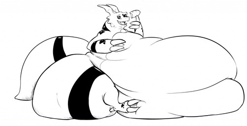 belly big_belly claws huge_belly male overweight simple_background sitting solo thick_thighs white_background saphiros bandai_namco digimon digimon_(species) guilmon 2015 monochrome